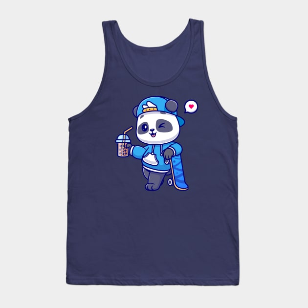 Cute Panda Drink Boba Milk Tea With Skateboard Cartoon Tank Top by Catalyst Labs